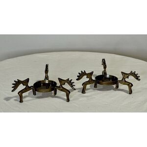 Pair Of Vintage Aromatique Brass Votive Candle Holders Reindeer Holiday Lodge